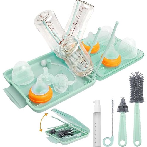 Travel Baby Bottle Drying Rack Set with Extendbale Protable Silicone Bottle Brush, Nipple Cleaner Brush,Straw Brush Compact Size Baby Essential for Newborn & Moms (Green)
