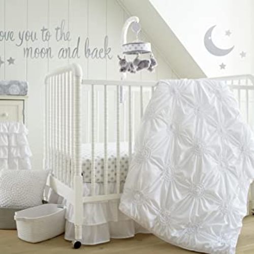 Levtex Baby - Willow Crib Bed Set - Baby Nursery Set - White - Soft Rosette Pintuck - 5 Piece Set Includes Quilt, Fitted Sheet, Diaper Stacker, Wall Decal & Crib Skirt/Dust Ruffle
