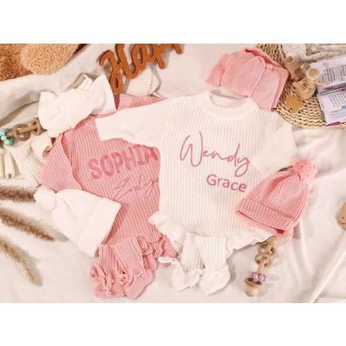 Personalized Embroidered Baby Ruffle Romper, Knitted Infant Name Newborn Romper