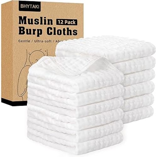 BHYTAKI Muslin Burp Cloths for Baby Boys & Girls Essentials Large 100% Cotton Burp Rags, 6 Layers Extra Absorbent and Soft burping Cloths for Babies (White, 12-Pack 20"X10")
