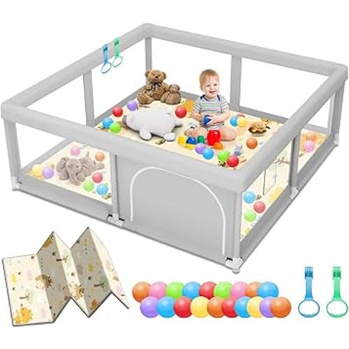 Baby Playpen with Mat, 50 x 50 inch, PlayPen for Babies and Toddlers, Sturdy Safety Play Pen with Soft Breathable Mesh (Ball and Pull Rings Included)