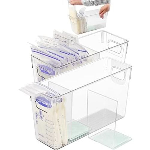 Breastmilk Storage Container with L Shaped Separator Boards, Dividers Will Flatten Standing Breast Milk Bags in Organizer Bins Save Refrigerator Space | 2 Containers Plus 4 Green Removable Dividers