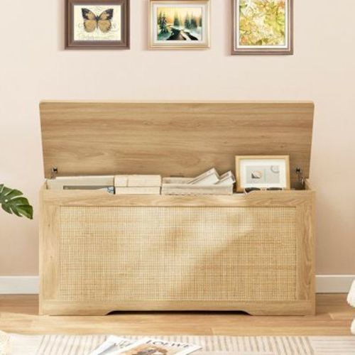 Usikey 39.4” Storage Chest, Toy Box With 2 Safety Hinges, Rattan Storage Bench With Storage, Toy Chest For Bedroom,