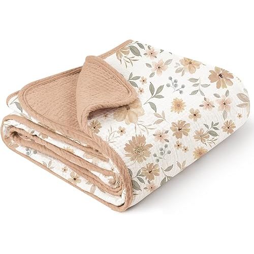 Konssy Muslin Baby Blankets for Girls, 100% Cotton Crib Blanket for Baby Infant Toddler, Super Soft and Lightweight Nursery Blankets 40"x36" (Flourish)