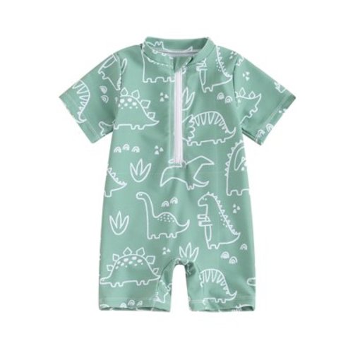 Elippeo Baby Boy's Swimsuit Dinosaur Print Half Zip Up Round Neck Short Sleeve Rash Guard Swimwear Infant Toddler Bathing Suit 3 6 12 Months 1 2 3 Years