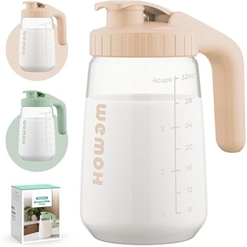 32oz Breast Milk Pitcher, 3X-Thick Heat & Cold Resistant Borosilicate Glass, Leakproof Breat Milk Fridge Storage Container with Wide Mouth & Ergo Grip, Dishwasher Safe, Fast Baby Formula Maker(Pink)