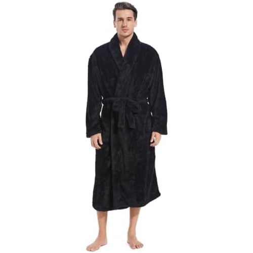 Inner Wish Mens Plush Fleece Robe, Cozy Warm Bathrobe Fuzzy Male Spa Long Robe With Pockets (DARK GREY)