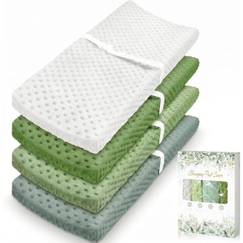 Peryiter 4 Pcs Changing Pad Cover 16 x 32 Inch Ultra Soft Dots Plush Changing Table Covers for Baby Girls and Boys(Green Series Colors,Leaf)
