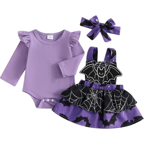 Baby Girl Halloween Clothes Ruffle Long Sleeve Romper Pumpkin/Ghost/Bat Print Overall Skirt Dress Cute Newborn Outfit