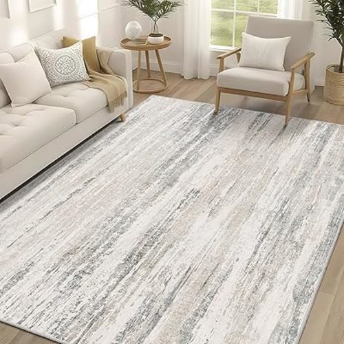 MUJOO 5x7 Washable Area Rug,Modern Abstract Rugs for Living Room Bedroom Dining Room,Large Non Slip Carpet Indoor,Low Pile Throw Rug Accent Neutral Beige and Grey