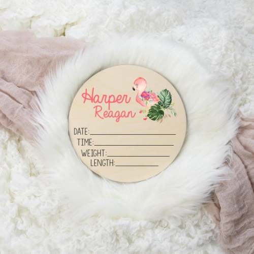 Birth Stat Sign Round Wood Birth Stat Sign Flamingo Birth - Etsy