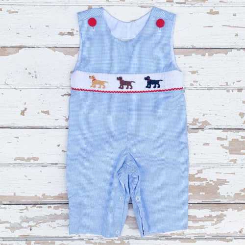 Smocked Labrador Retriever Longall Blue Gingham Long Romper Yellow Chocolate Black Lab Dog Birthday Party Theme Baby Toddler Boy Outfit