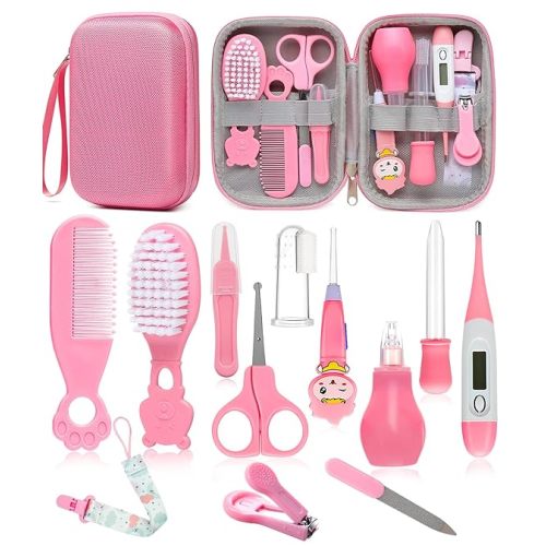 Baby Healthcare and Grooming Kit, Safety Newborn Nursery Care Set, with Hair Brush Comb, Nail Clipper, Thermometer, Pacifier Clip, Nasal Aspirator for Newborn Infant Baby Girls Boys (Pink)