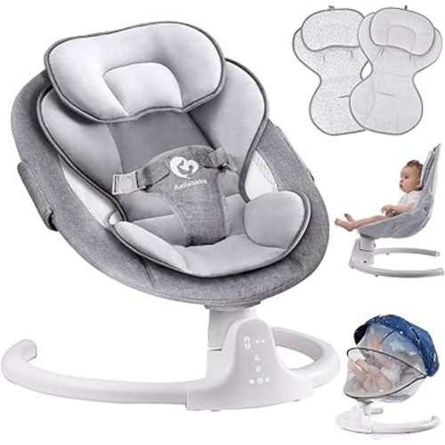 Bluetooth Baby Swing for Infants, Compact & Portable Baby Rocker, 3 Seat Positions, 5 Swing Speed, 10 Lullabies, Remote Control, USB Plug-in Power, Reversible Cushion for All Seasons