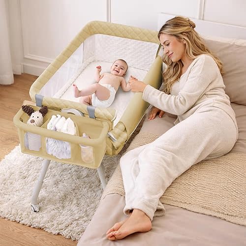Baby Bassinet Bedside Crib for Newborn, 4-in-1 Baby Bassinet Bedside Sleeper with Mesh & Mattress, Easy Move Crib for Newborns with Lockable Wheels & Storage Basket, 4-Adjustable Height(Khaki)