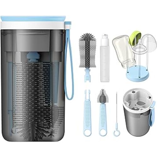 YOTIME Travel Baby Bottle Brush Set, Included Silicone Bottle Brush, Nipple Cleaner Brush, Straw Brush, Soap Dispenser and Drying Rack, Blue