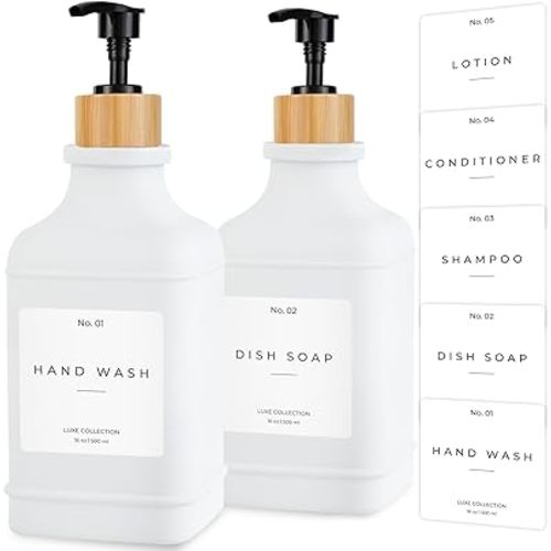 Emerson Essentials Soap Dispenser, Dish Soap Dispenser, Soap Bottle Bathroom Set, Hand Soap Farmhouse Home, Hands and Dishes - Glass Soap Dispenser with Pump and Labels, 16 Oz, 2 Pack