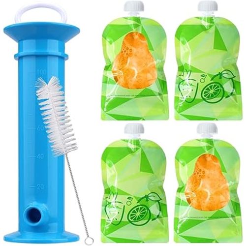 Juome 6Pcs Set Baby Food Pouch Maker, Baby Food Pouches Refillable Kit, Reusable Squeeze Pouches for Kids Toddlers, Puree Filler with Bottom Double Lock Zipper