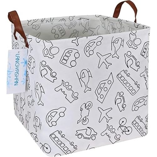 LANGYASHAN Square Storage Baskets Waterproof Canvas Children Laundry Nursery Hamper for Shelves Gift Baskets Toy Organizer Room Decor(Vehicle)