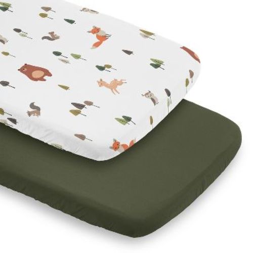 Sweet Jojo Designs Boy, Girl, Unisex/Gender Neutral Baby Bassinet Fitted Sheets Set Woodland Animal Pals Green, Beige, Brown & Orange 2pc