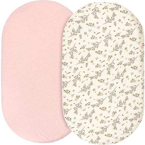 Hooyax Muslin Bassinet Sheets for Baby Girls Boys, 2 Pack Soft Breathable Bassinet Fitted Sheets Universal Fit Rectangle, Oval and Hourglass Bassinet Mattress (Pink, Floral)