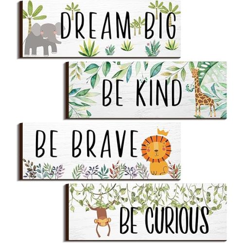 Yookeer 4 Pieces Woodland Nursery Decor Safari wall art Be kind brave curious Cute Jungle Animal Nursery Decor for Bedroom living room home 11x 3.9 Inches(Lively Animals,White Background)