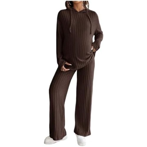 MakeMeChic Women's Maternity 2 Piece Outfits Lounge Set Ribbed Knit Long Sleeve Hoodie and Pants Pregnancy Set