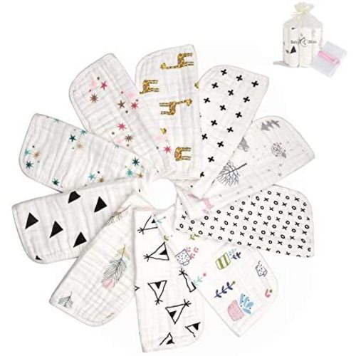 BabyBliss Premium 6-Layers Muslin Baby Washcloths (10-Pack) - Large Size Washable Newborn Towels - Reusable Infant Wipes Plus Storage and Wash Bags