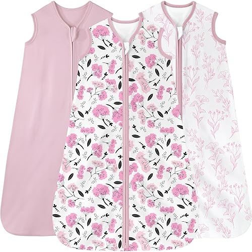 Baby Sleep Sack 0-6 months, 100% Cotton Sleeping Sack for Newborn and Infant, 3 Pack Baby Wearable Blanket, 0.5 Tog Lightweight Double Zipper Sleep Bag Pink Flower
