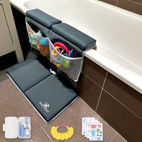 Baby Bath Kneeler and Elbow Rest Pad Set Grey with Toy Storage, Silicone Cap, Non-Slip Stickers and Baby Nail Care Kit - Baby Bath Kneeler 1.5” Thick Foam with Comfortable Knee Pad for Bathing Babies