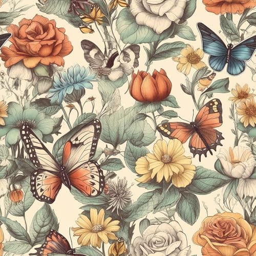 MuralPeel Boho Butterfly Flowers Red/Yellow Rose Peony Floral Peel and Stick Wallpaper Self Adhesive Removable Easy Peel Off Stick on Wall Paper for Bedroom Cabinet Renter Friendly