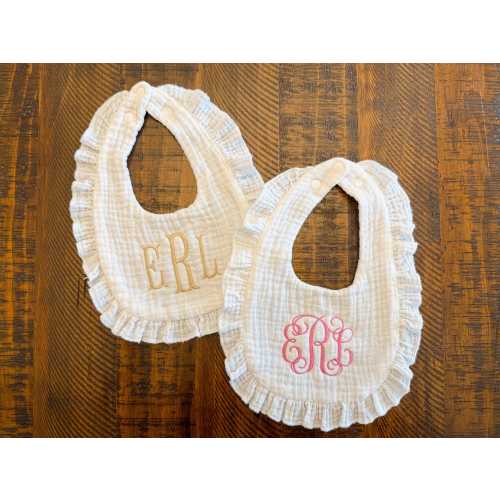 Personalized Baby Girl Bib - Custom Embroidered Muslin Bib with Ruffle Detail - Monogrammed Gift for Baby Shower, Newborn, Toddler