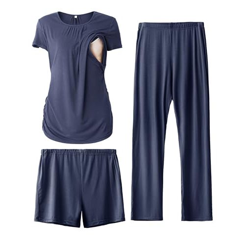SUNNYBUY Womens Maternity Nursing Pajamas Set, Short Sleeve Breastfeeding Shirts,Pregnancy Shorts & Pants 3 Piece Nursing PJS