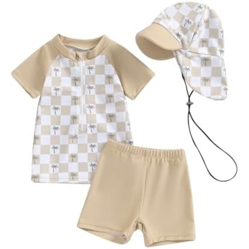 Toddler Baby Boys 3 Pieces Swimsuit Set Swimwear Dinosaur Shark Zipper Bathing Suit UPF 50+ Rash Guards with Hat