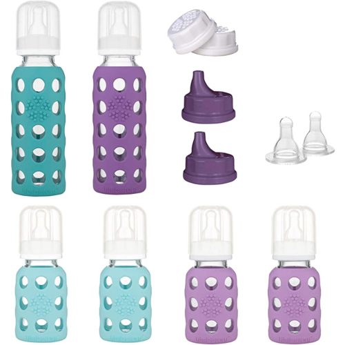 Lifefactory Baby Bottle Starter Set 12-Piece | 4 oz Mint & Lavender, 9 oz Kale & Grape | Includes Flat Caps, Sippy Caps, Stage 3 Nipples