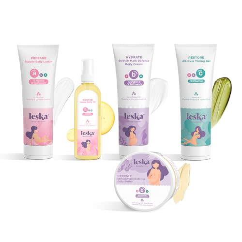 Leska Maternity Set | Belly Lotion, Belly Oil, Stretch Mark Defense Cream & Butter, Toning Gel | Maternity Stages Skin Care for Pregnancy & Postpartum |New Mom Gifts (Set of 5, 4-4.93oz each)