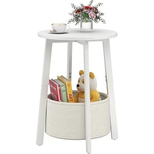 Small Round Side End Table with Cloth Storage Basket, Round Bedside Sofa Couch Coffee Tables for Small Places with Metal Frame, Modern Nighstands for Living Room Bedroom,White