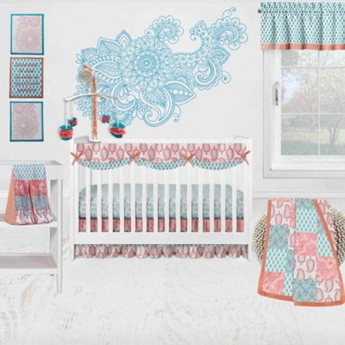 Bacati - Paisley Sophia Coral Aqua 10 Pc Crib Bedding Set With Long Rail Guard Cover