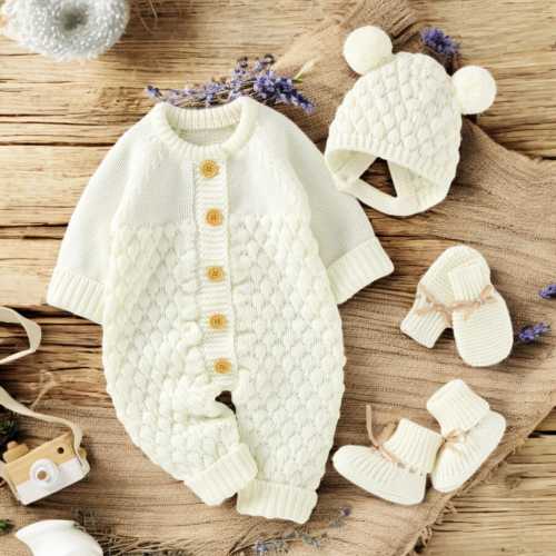 Knitted Baby Romper Set | 4-Piece Infant Outfit with Hat, Mittens & Boots | Long Sleeve Jumpsuit | White | 0-18M