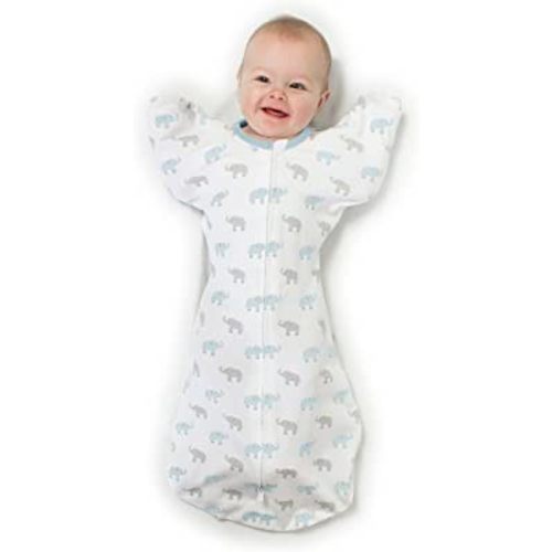 Amazing Baby Transitional Swaddle Sack with Arms Up Half-Length Sleeves and Mitten Cuffs, Tiny Elephants, Blue, Medium, 3-6 Months (Parents’ Picks Award Winner, Easy Transition with Better Sleep)