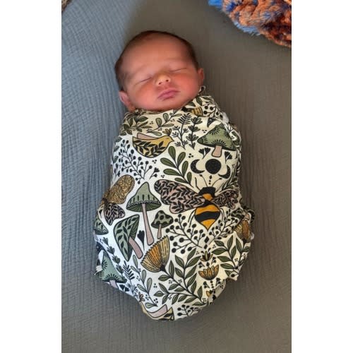Mushroom Swaddle Sets for Baby with matching Cuffed Hat or Headband, Enchanted Forest Butterfly Bees and Botanicals Woodland