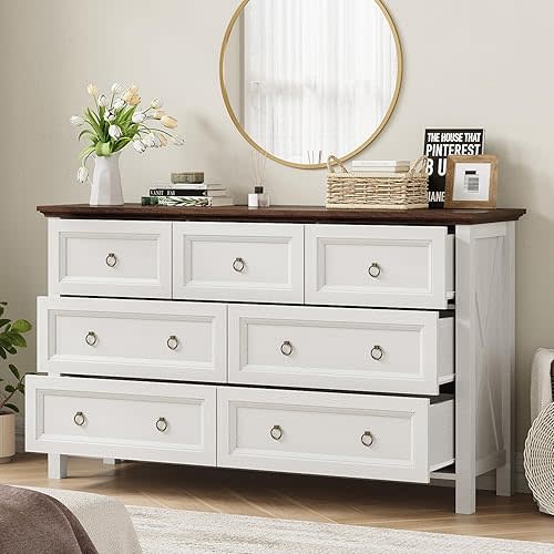 54" Farmhouse Dresser for Bedroom, Antique 7 Drawer Dresser, Rustic Chest of Drawers, White Dresser with Barn Design, Thickened Tabletop & Round Bronze Handles, Wooden Long Dresser for Closet