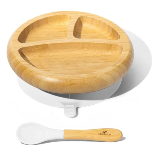 Baby Bamboo Stay Put Suction Plate + Spoon, White - Avanchy | Maisonette