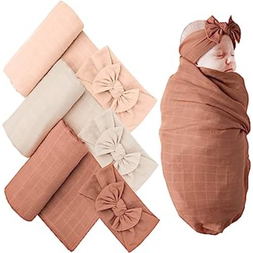 Konssy 3 Pack Muslin Baby Receiving Blankets with Headband Set, Soft Fabric Newborn Swaddle Blanket, Large 45.6 x 45.6 inches, Breathable Muslin Baby Swaddles for Boys & Girls
