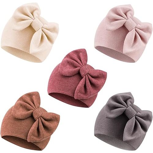 5 PCS Newborn Baby Hats Cotton Baby Beanie Caps with Bow Infant Hospital Hats Newborn Hats for Baby Girls 0-6 Months