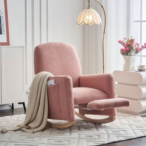 Modern Wooden Rocking Lounge Chairs,pink Teddy Fabric Rocking Chair With Pockets,comfy Accent Arm Chair With Solid Wood Legs,leisure Chairs-cuddlewood