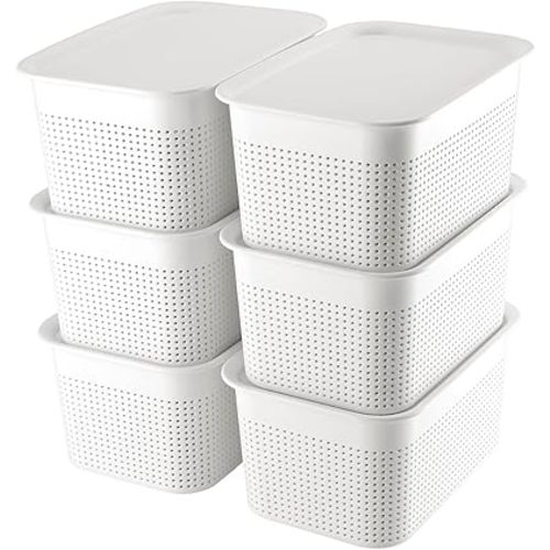 AREYZIN Plastic Storage Bins With Lid Set of 6 Baskets for Organizing Container Lidded Organizer Shelves Drawers Desktop Closet Playroom Classroom Office, White