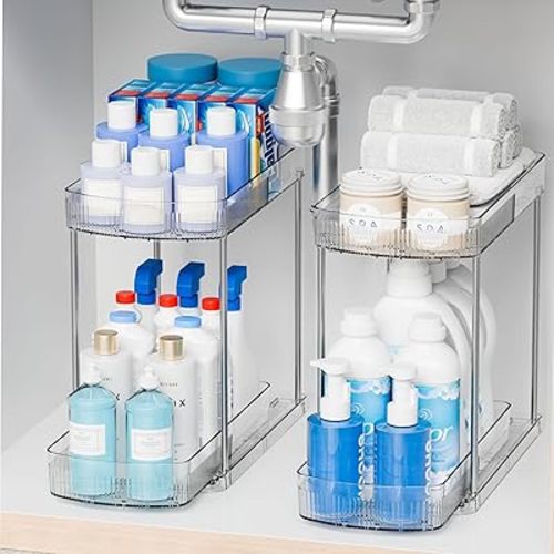 2 Pack Large Pull Out Bathroom Organizers and Storage,2 Tier 12.8″ Tall Sliding Kitchen Under Sink Organizer for Cleaning Products Storage,Acrylic Clear Bathroom inder Sink Organizer,Undersink Storage