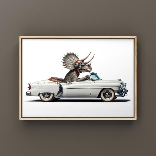 Mounted Canvas 16x20: Dino Driving Vintage Cadillac