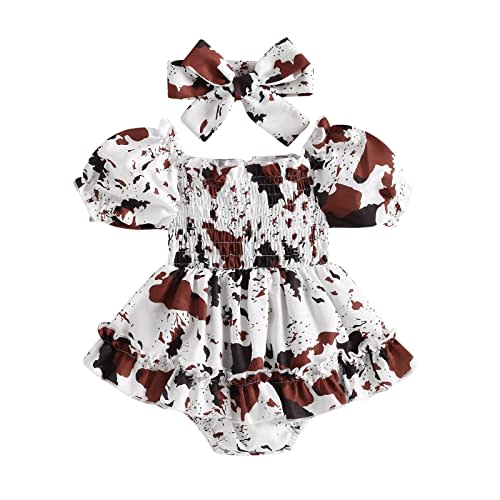 YINGISFITM Infant Baby Girl Long Sleeve Bubble Romper Ruffled Dress Cow Print Onesie Summer Dresses Cute Clothes
